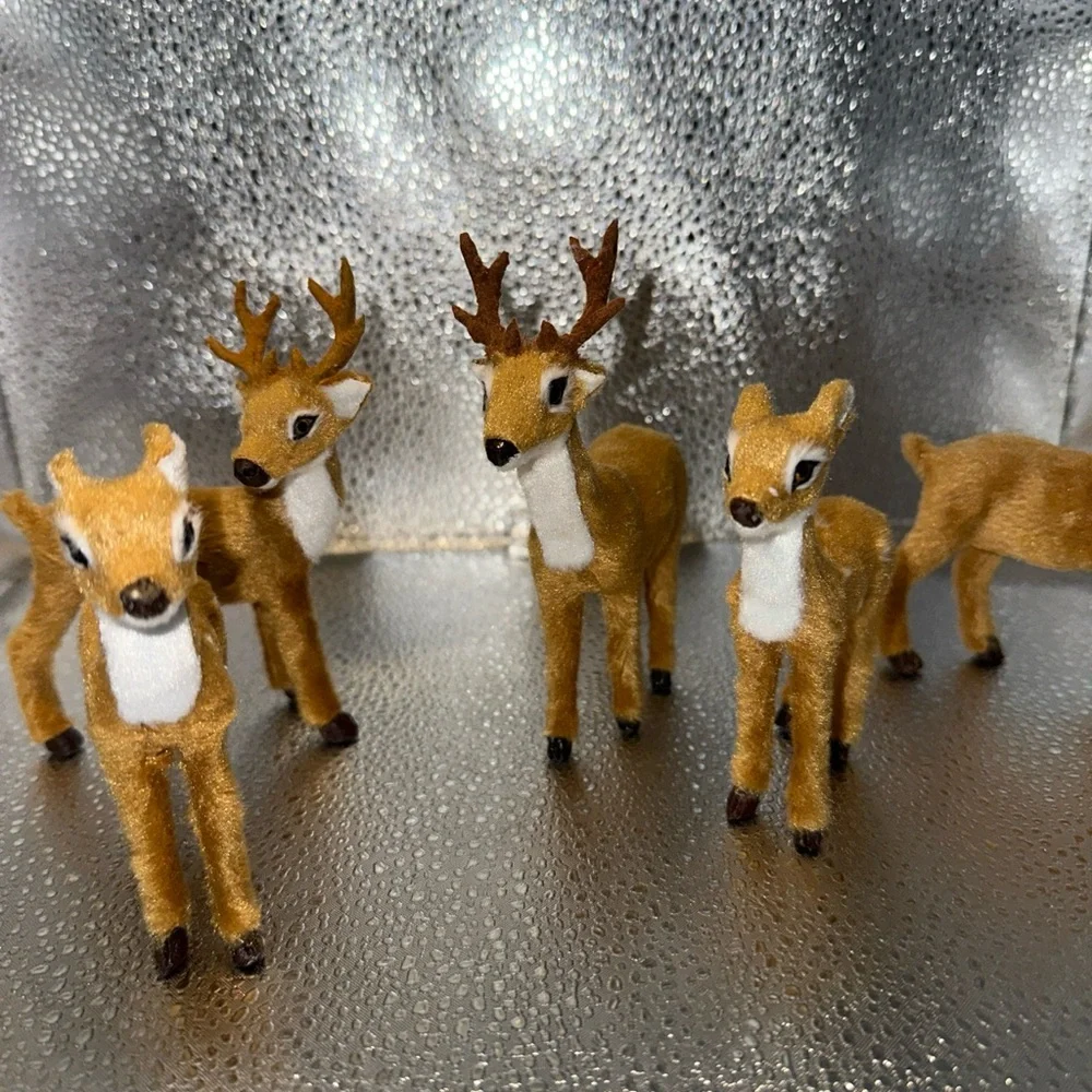Deer buck fawn faux fur Set of 6 Brown and White Reindeer Figurines - Picture 3 of 10